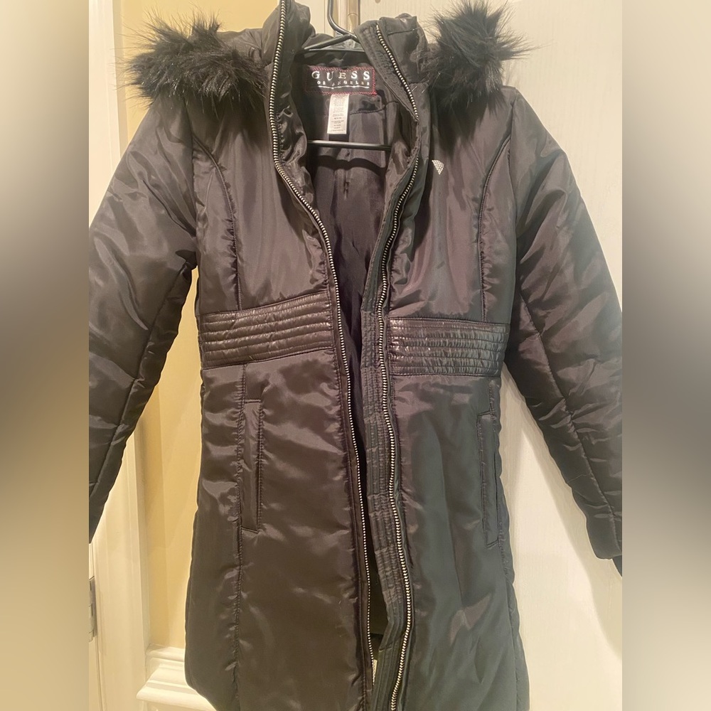 Girls Hooded Black Guess Coat Size M (10-12)